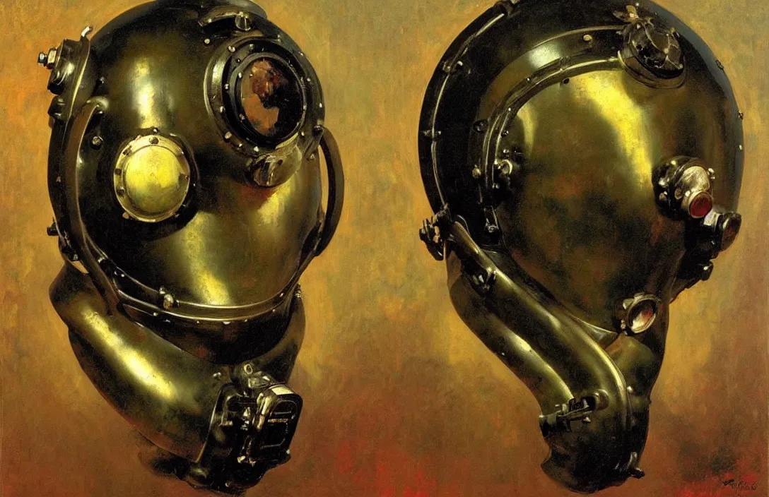 Image similar to portrait of deep sea diver helmet!!!!!!!!!!!!!!!!!!!!!!!!!!!, detailed face, detailed painting, epic lighting, by ilya repin, phil hale and kent williams