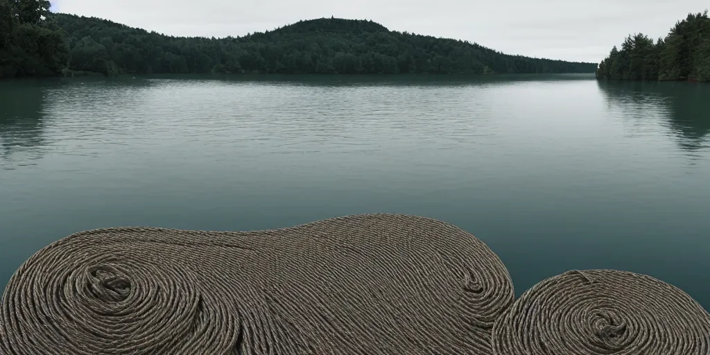 Prompt: centered photograph of an infinitely long single line of thick rope zig zagging snaking across the surface of the water into the distance, floating submerged rope stretching out towards the center of the lake, a dark lake on a cloudy day, color film, trees in the background, rocky shore in foreground, hyper - detailed photo, anamorphic lens