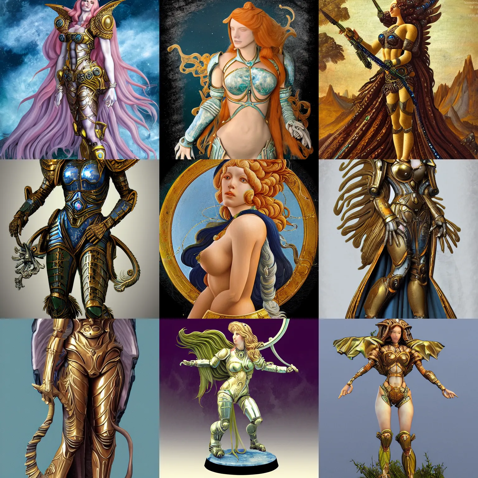 Image similar to venus goddess in ancient alien planet sci-fi armor, in the style of sandro botticelli, stylized, highly detailed, trending on artstation, award winning, painted warhammer miniature