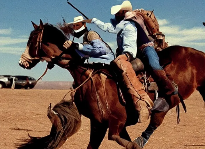 Image similar to a cowboy horse chase vigilantes with face masks disguise, shoot out, exploding horse wide shot, from the hit 1 9 9 0 s tv show on tnt