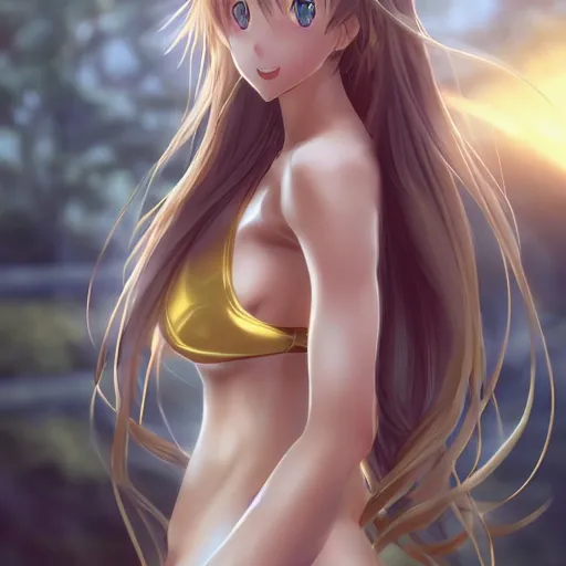 Prompt: a very beautiful young yuuki asuna, full body, long wavy blond hair, sky blue eyes, full round face,, shiny golden bikini, miniskirt, front shot, sitting in a dark prison cell, highly detailed, cinematic wallpaper by stanley artgerm lau