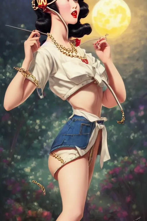 Image similar to a vintage pin up and beautiful fashion dreamlke japan girl with lv jewelry, character art, art by artgerm and wlop and and ilya kuvshinov, hyperdetailed, 8 k realistic, symmetrical,, frostbite 3 engine, cryengine, dof, trending on artstation, digital art, chanel, dior, fantasy background