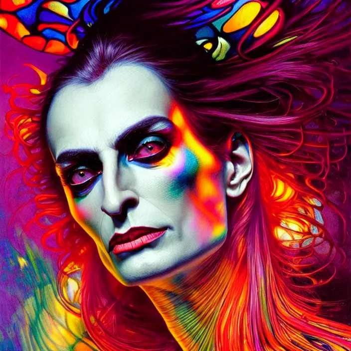 Image similar to bright psychedelic portrait of DIAMANDA GALAS, diffuse lighting, fantasy, intricate, elegant, highly detailed, lifelike, photorealistic, digital painting, artstation, illustration, concept art, smooth, sharp focus, art by John Collier and Albert Aublet and Krenz Cushart and Artem Demura and Alphonse Mucha