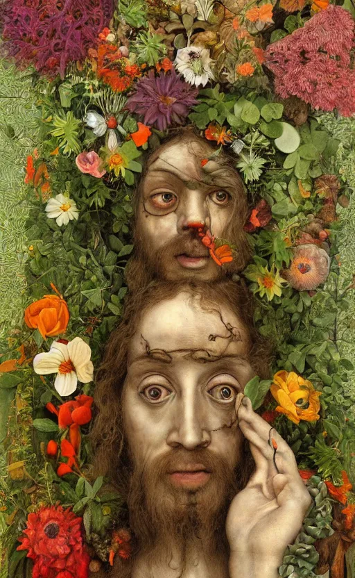 Image similar to a becoming and phenomenal jesus in the rain from clockwork orange in a lush garden full of diverse plants, by mab graves and giuseppe arcimboldo. luminism. hypermaximalist. gouache. trending on artstation.