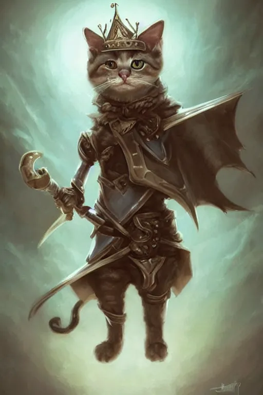 Image similar to cute little anthropomorphic cat knight wearing a cape and a crown, tiny, small, miniature cat , baby animal, short, pale blue armor, cute and adorable, pretty, beautiful, DnD character art portrait, matte fantasy painting, DeviantArt Artstation, by Jason Felix by Steve Argyle by Tyler Jacobson by Peter Mohrbacher, cinematic lighting