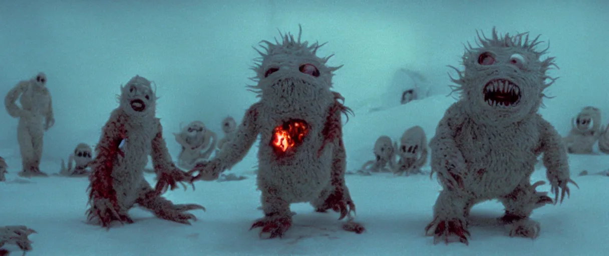 Image similar to filmic extreme wide shot movie still 4 k uhd interior 3 5 mm film color photograph of a detached snarling distorted deformed creature abstract shape shifting organism made of human tissue, running around the an arctic village that is on fire chasing humans in the style of the horror film the thing 1 9 8 2