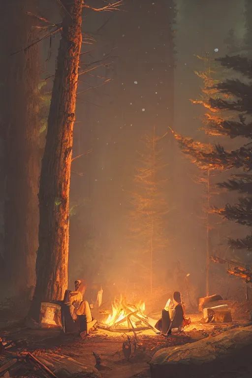 Image similar to a highly detailed matte painting of a camp fire in the forest at night by studio ghibli, makoto shinkai, by artgerm, by wlop, by greg rutkowski, volumetric lighting, cyberpunk, octane render, 4 k resolution, trending on artstation, masterpiece