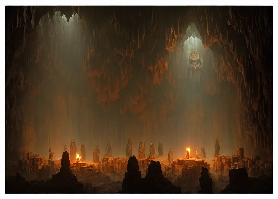 Image similar to dystopian chtonian cult, occult, dark cave, altar, night, candles, marc simonetti, matte painting, 4 k, trending on artstation 4 k,