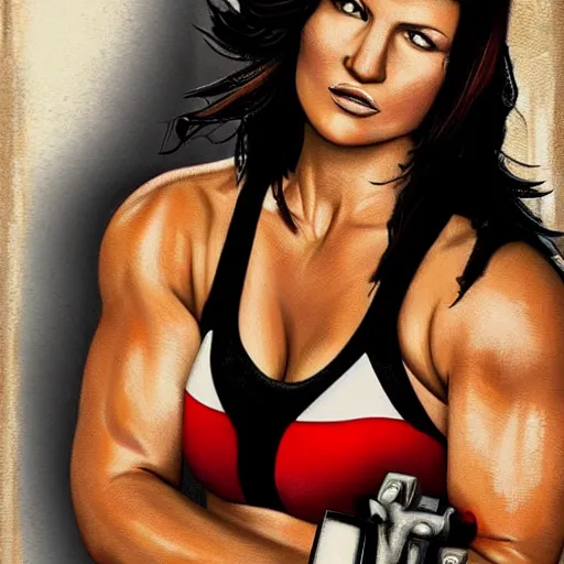 Image similar to beautiful digital painting of gina carano with a cybernetic arm, highly detailed, hyperrealism