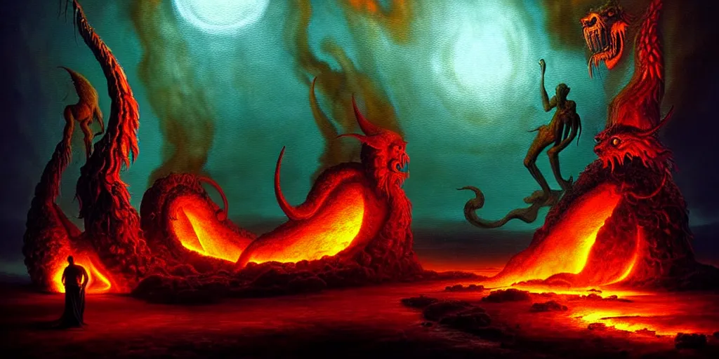 Prompt: mythical creatures and monsters at the mouth of hell, dramatic lighting glow from giant fire, in a dark surreal painting by ronny khalil