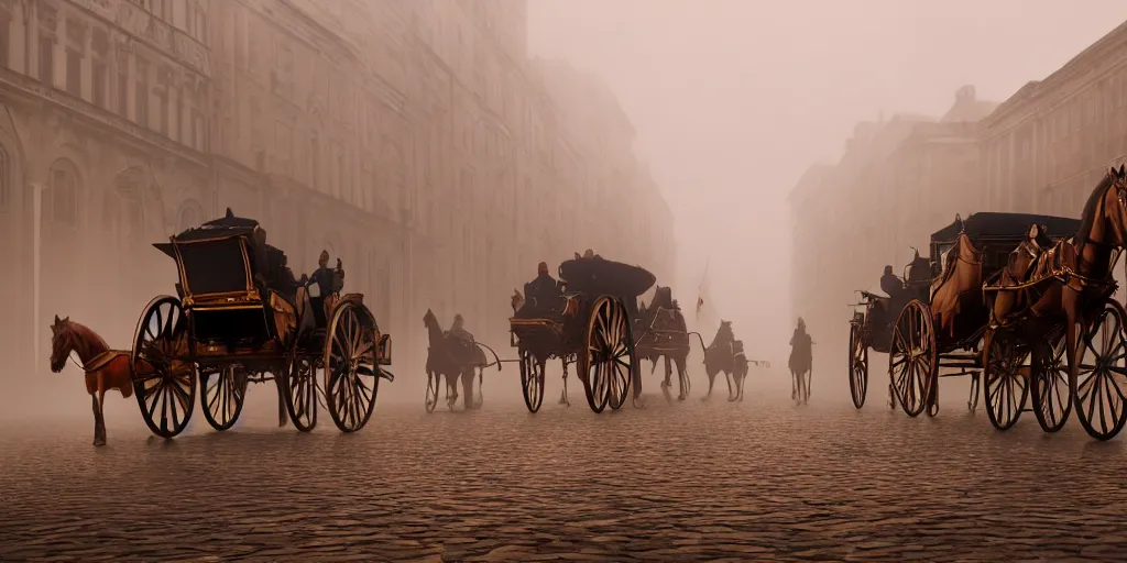 Prompt: Horse and carriage, August 9th 1875, fog, rain, volumetric lighting, beautiful, golden hour, sharp focus, highly detailed, cgsociety