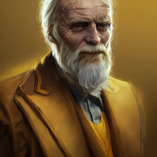 Image similar to a painted portrait of a tall old man in a golden suit, D&D, sci-fi, elegant, hopeful, muscular, highly detailed, digital painting, artstation, concept art, smooth, sharp focus, illustration