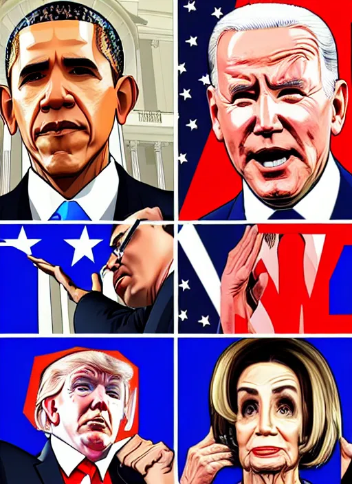 Image similar to GTA Cover Art, Obama, Biden, Trump, Pelosi, Schumer, Pence