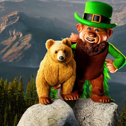 Prompt: A leprechaun fighting a bear at the top of a mountain, sun shines on them, harsh lighting, dramatic