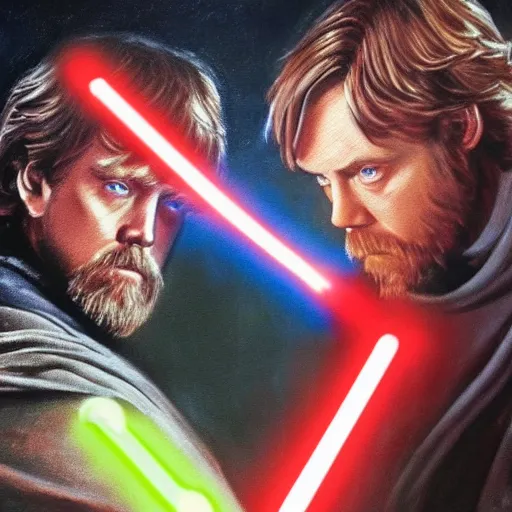 Image similar to luke skywalker against obi wan kenobi, luke skywalker has a red lightsaber, realistic painting, realistic faces, radiant light