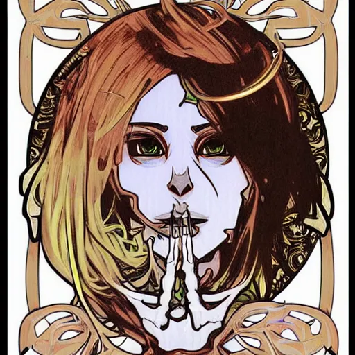 Image similar to anime manga skull portrait woman comic skeleton illustration style by Alphonse Mucha pop art nouveau