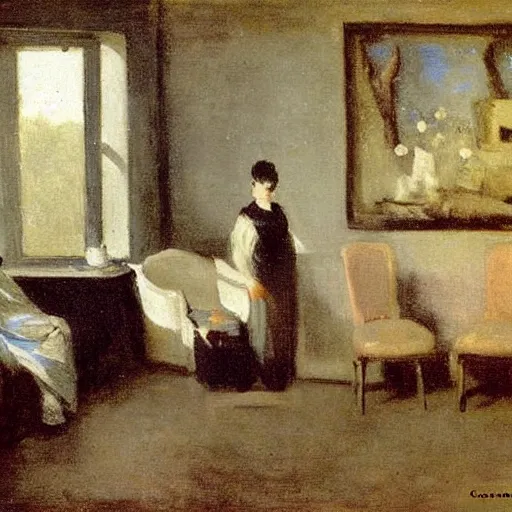 Image similar to miniature living room, by camille corot