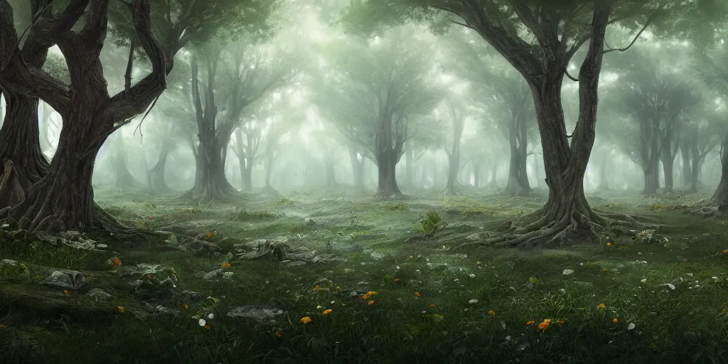 Prompt: A memorial grove of trees of various sizes dedicated to missing people, metal plaques, solemn, brooding, somber tone, flowers, game art matte painting hyperdetailed, artstation, cgsociety, 8k, surreal dream landscape