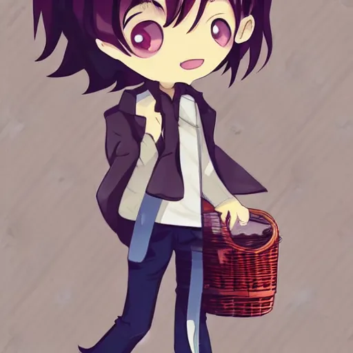 Image similar to a cute anime style boy holding basket on his shoulder, full body ,chibi ,kawaii, hyperreal