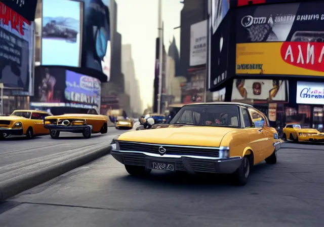 Prompt: opel diplomat and vintage cars in times square grand theft auto, photorealistic hyperdetailed 3 d matte painting, hyperrealistic, cinematic, unrealengine octane render,