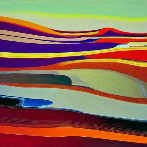 Image similar to A wild, insane, modernist landscape painting. Wild energy patterns rippling in all directions. Curves, organic. Saturated color. Mountains. Clouds. Rushing water. Wayne Thiebaud.