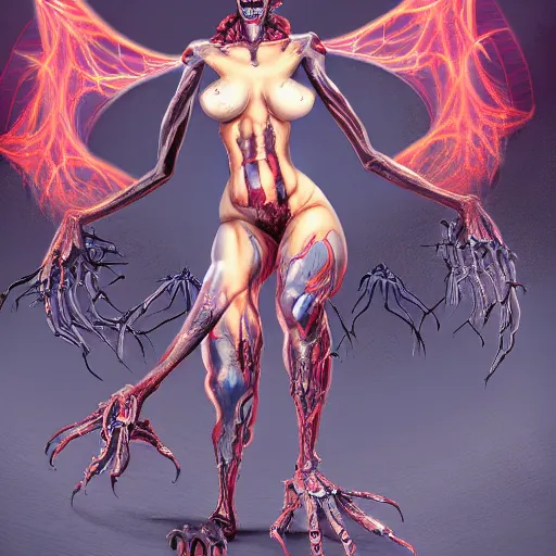 Image similar to terrifying and hot insect woman, slender and muscular build, large mosquito wings, evil smile and glowing eyes, skulls surrounding her feet, hyperdetailed, hyperrealistic, digital art, artstation, concept art, 4 k, 8 k