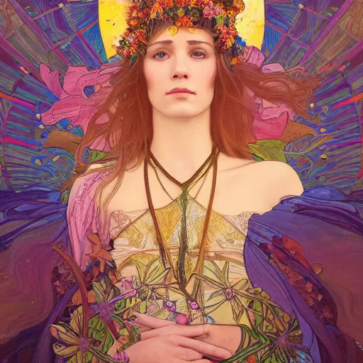 Image similar to a portrait painting of a singular beautiful female godess of spring, colorful flowers, holy geometry, tarot card style, by Mohrbacher and Moebius and Alphonse Mucha and Roger Deakins, cinematic lighting, masterpiece, golden ratio background, highly detailed, 8k resolution, trending on art station