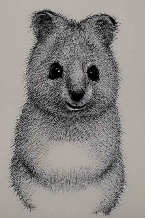 Image similar to portrait of a happy quokka, mcu, drawn with a single line, line drawing, art, minimalist, continuous line drawing, sakura pigma micron,