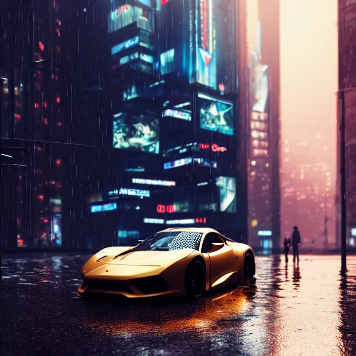 Image similar to sportscar parked on sidewalk, cyberpunk city, reflections, puddle, rain, volumetric light, hyperdetailed, hyperrealism, photorealistic rendering, golden ratio, digital art, octane, redshift