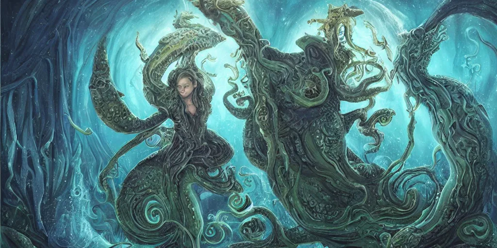 Image similar to Fantasy fairytale style portrait painting, Great Leviathan Turtle, cephalopod, Cthulhu Squid, hybrid, Mythic Island, center Universe, accompany Cory Chase, Blake Lively, Anya_Taylor-Joy, Grace Moretz, Halle Berry, Mystical Valkyrie, Anubis-Reptilian, Atlantean Warrior, hybrid, intense fantasy atmospheric lighting, hyperrealistic, William-Adolphe Bouguereau, François Boucher, Michael Cheval, Oil Painting, Cozy, hot springs hidden Cave, candlelight, natural light, lush plants and flowers, Spectacular Mountains, bright clouds, luminous stellar sky, outer worlds, Jessica Rossier, michael whelan, Solar Flare HD,