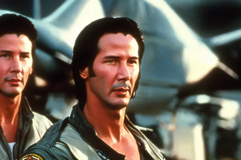 Image similar to film still of Keanu Reeves as Maverick in Top Gun 1986