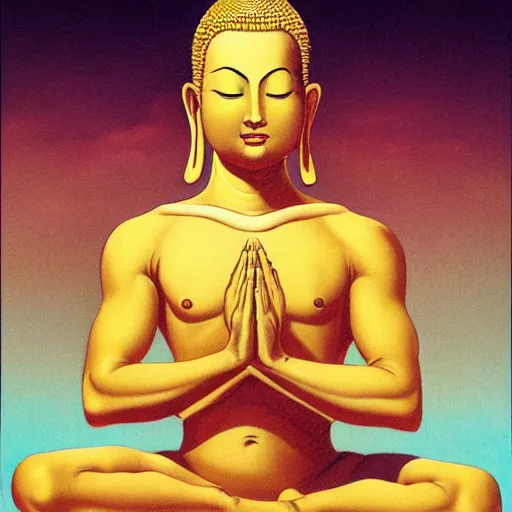 Image similar to detailed illustration of a contented peaceful bodhisattva, praying meditating, by boris vallejo