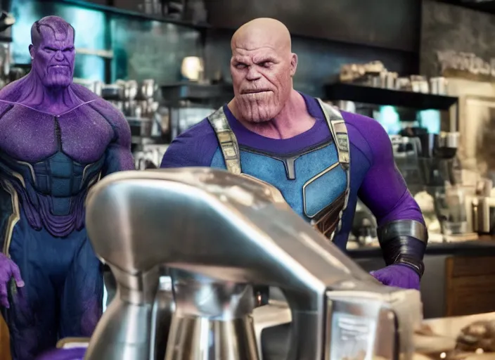 Image similar to film still of Thanos as a barista in Avengers Infinity War, 4k