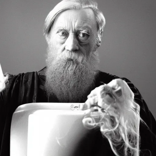 Prompt: Dumbledore sitting in on a toilet smoking a cigarette, front facing photo, realistic