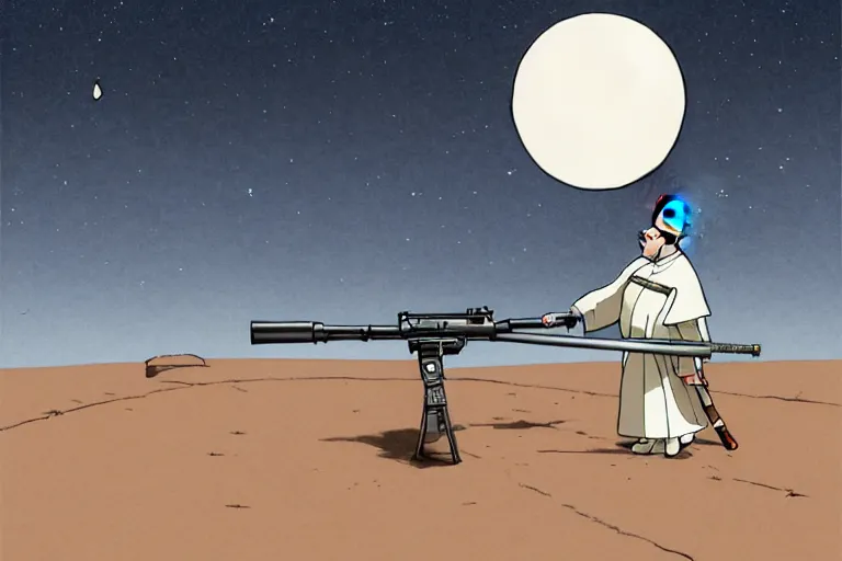 Image similar to a study of a cell shaded cartoon pope firing a bazooka on a desert road in front of a big moon, full body, wide shot, very muted colors, post grunge, studio ghibli, laurie greasley, highly detailed, deviantart, art by artgem