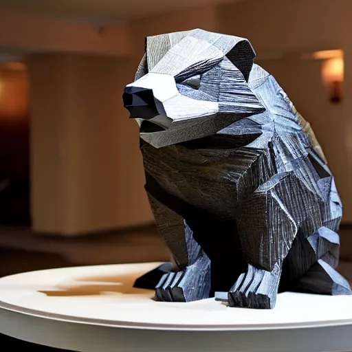 Prompt: a statue of a low-poly badger displayed in a hotel lobby