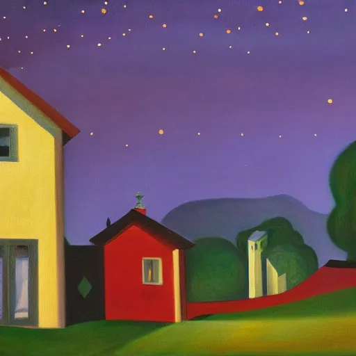 Image similar to a painting of a small village with crooked wooden houses designed by Tim Burton, the village is on a hill, the sky is dark with stars shining through, in the style of Edward Hopper, 4K,