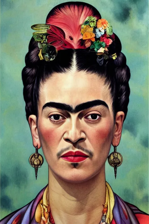 Image similar to realistic detailed portrait of frida kahlo by denis villeneuve, amano, yves tanguy, alphonse mucha, ernst haeckel, max ernst, roger dean, ridley scott, dynamic closeup