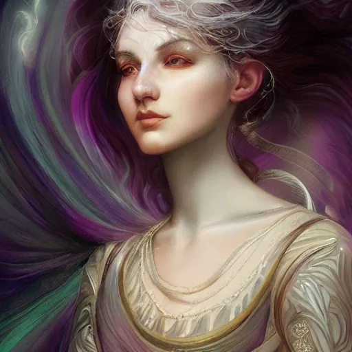 Image similar to god and goddess, non-binary, white hair, long hair, gorgeous, amazing, elegant, intricate, highly detailed, digital painting, artstation, concept art, sharp focus, illustration, art by John la farge