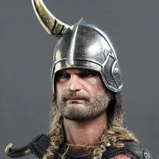 Image similar to of a viking from valhalla, wearing the horned helmet ultra fine detail, hair strands, ultra high resolution, fine texture detail, miniature painting techniques, perfect proportions, marvel cinematic universe, eric bana