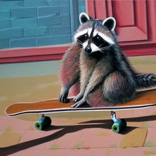 Image similar to detailed painting of a raccoon riding a skateboard