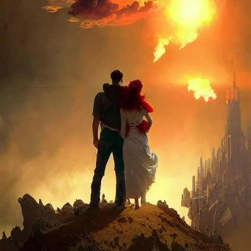 Image similar to a young couple watching a nuclear explosion, romantic, mushroom cloud, uplifting, happy, apocalytic detailed digital matte painting by artgerm, greg rutkowski and alphonse mucha