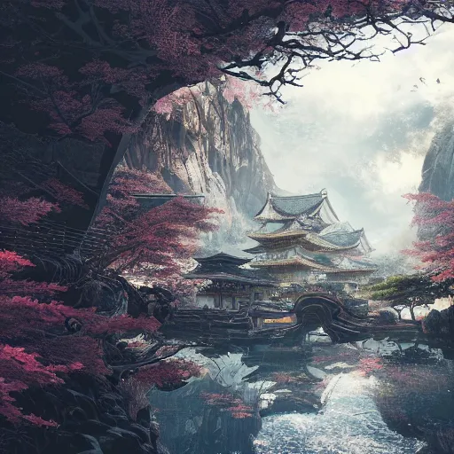 Image similar to shogun audio, action, ultra realistic, hyper detailed, cinematic, digital painting, elegant, intricate, japanese art, trending, futuristic, beautiful scenery,