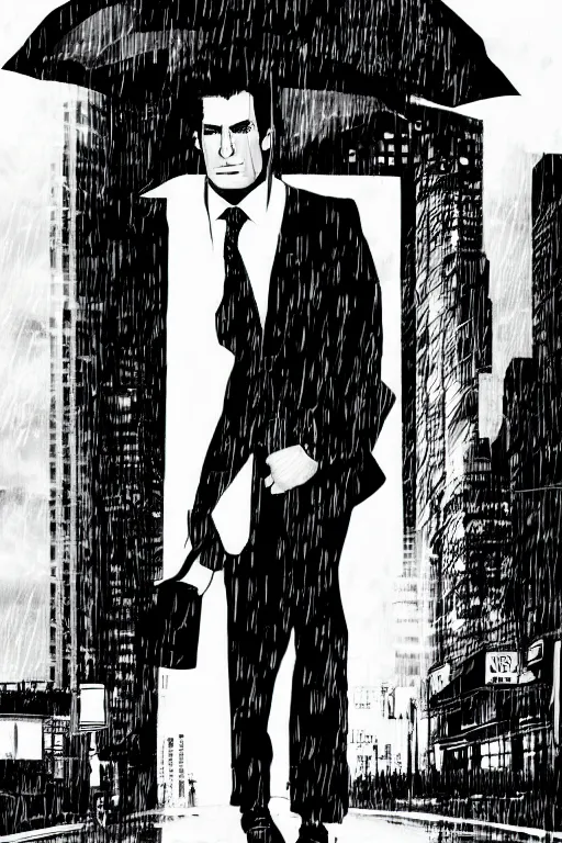 Image similar to black and white illustration of Patrick Bateman in a rainy street, neo noir style, Frank Miller creative design, Josep Tapiró Baró