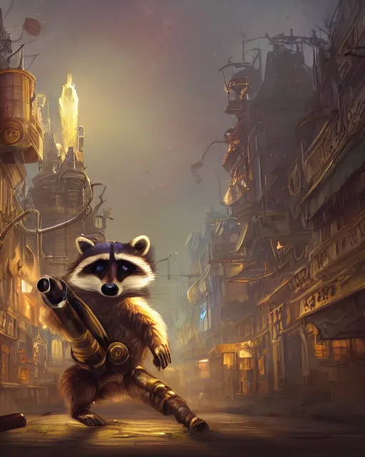 Prompt: Raccoon, Anthropomorphized, holding rocket launcher, Golden Steampunk city atmosphere, magic the gathering artwork, D&D, fantasy, cinematic lighting, centered, symmetrical, highly detailed, digital painting, artstation, concept art, smooth, sharp focus, illustration, volumetric lighting, epic Composition, 8k, art by Akihiko Yoshida and Greg Rutkowski and Craig Mullins, heroic pose, oil painting, cgsociety,