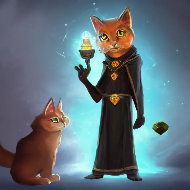 Image similar to black cat tabaxi sorcerer wearing robes holding a glowing crystal, character concept art, oil painting, artstation