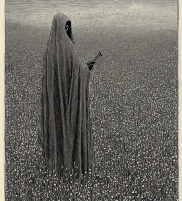 Image similar to grim reaper with no face at distance in beautiful meadow of flowers, detailed pencil illustration by gustave dore, highly detailed, centered, high resolution, smooth, sharp focus, illustration