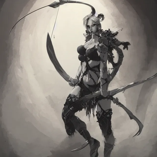 Prompt: a beautiful painting of a female archer with grey skin and a frost bow by Yoji Shinkawa, Drow Ranger, Dota, heavy line work, chiaroscuro lighting, beautiful and cool. Trending on ArtStation