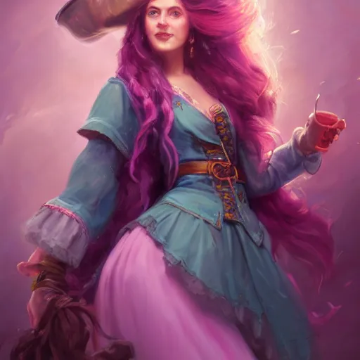 Image similar to portrait painting of a 3 2 years old woman joyful flirtatious pirate long hair soft hair flowing hair upper body coat elegant charming pretty ons pirate ship unreal render cinematic lighting art 1 9 2 0 period drama by bussiere rutkowski andreas rocha, colors pink purple green blue