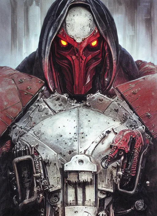 Image similar to portrait of rotten Nicolas Cage as adeptus mechanicus in red hood and robe from Warhammer 40000. Highly detailed, artstation, illustration by and John Blanche and zdislav beksinski and wayne barlowe